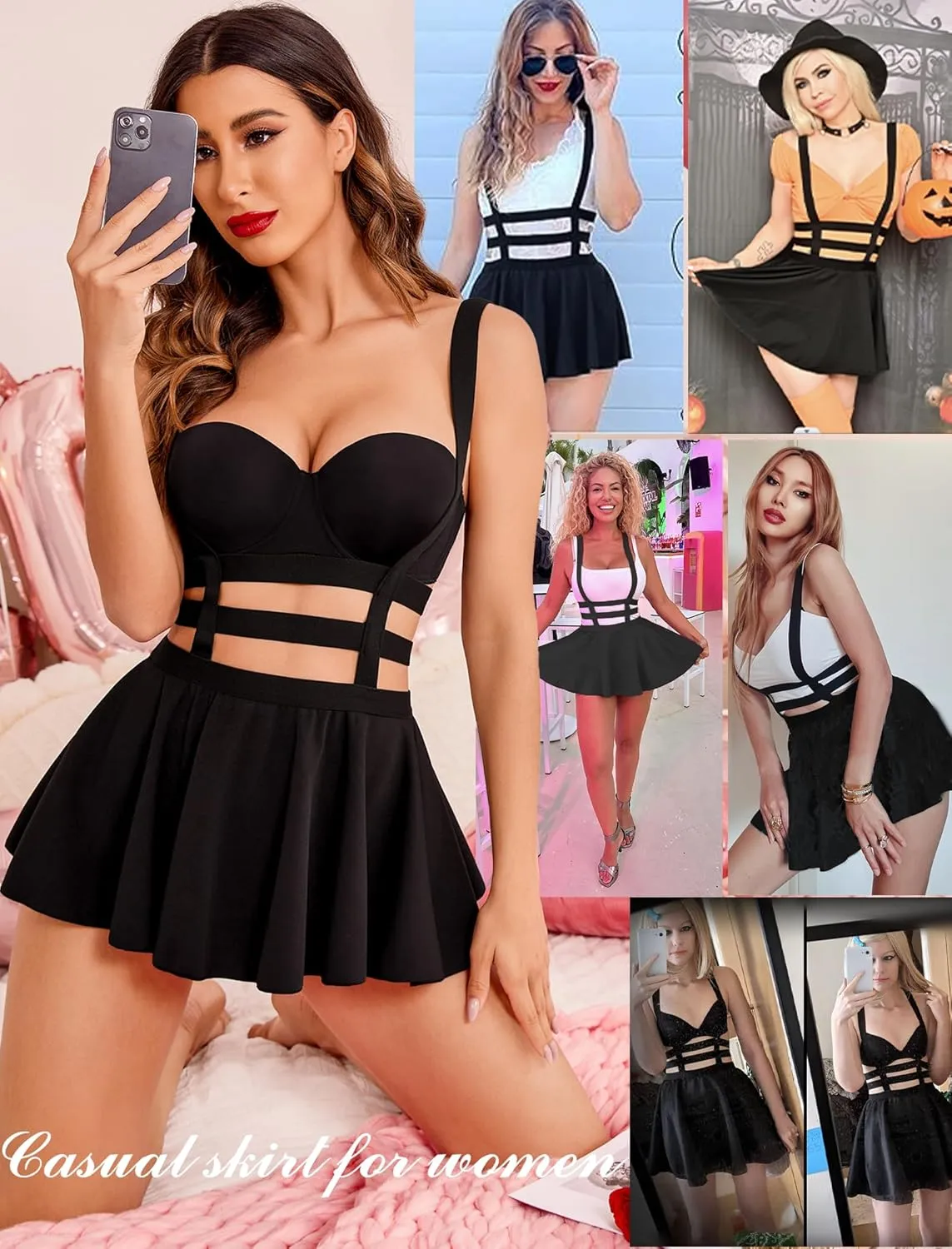 Avidlove Women Sexy Skirts Suspender Skirt - A-Line Mini Pleated Short Braces Skirt