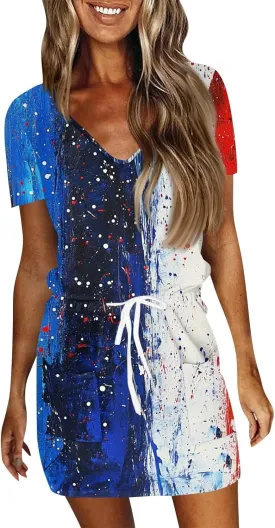BAXLIMEK 4Th of July Dress Women,2025 Summer Trendy American Flag Mini Dress Casual V Neck Short Sleeve T Shirt Sundress