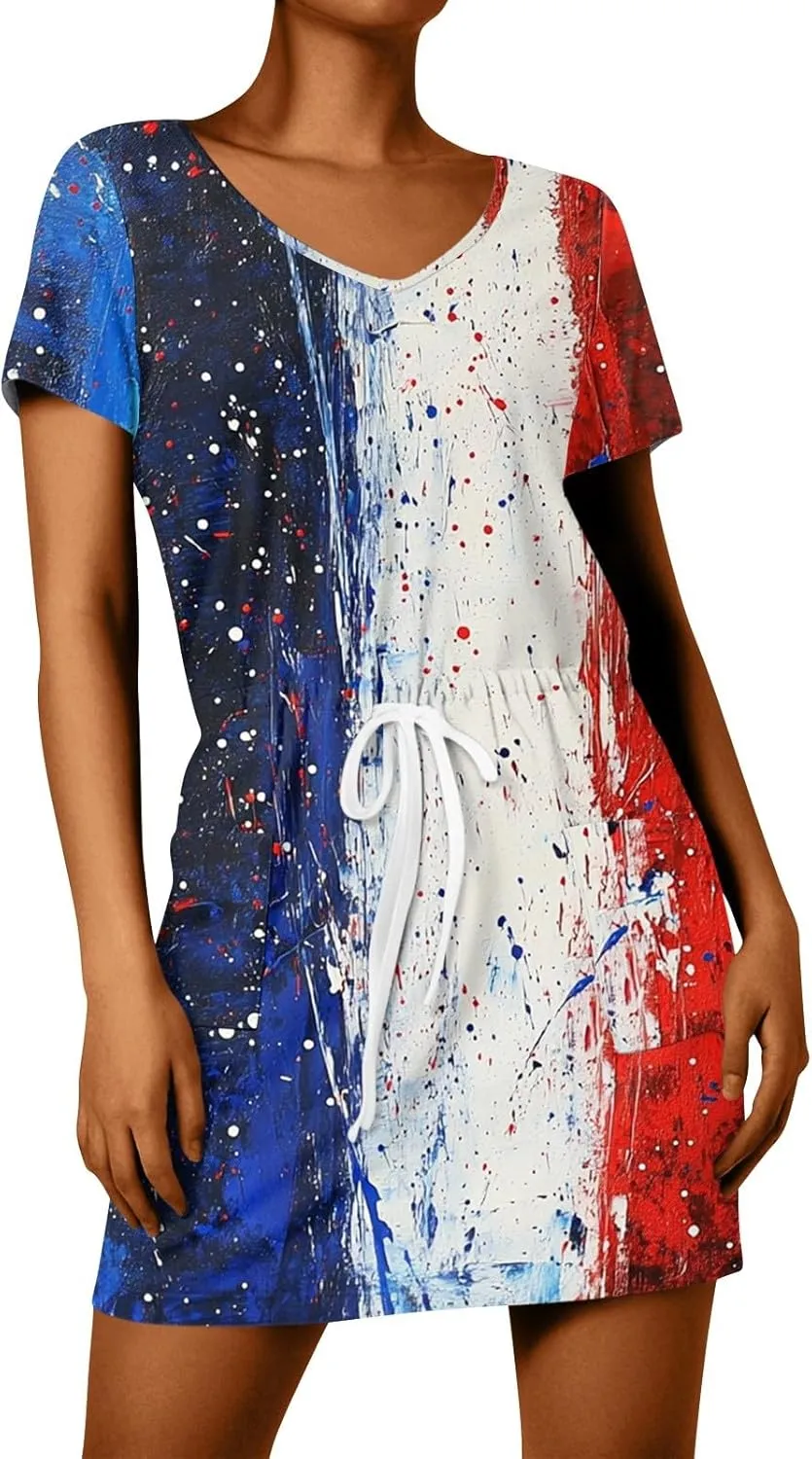 BAXLIMEK 4Th of July Dress Women,2025 Summer Trendy American Flag Mini Dress Casual V Neck Short Sleeve T Shirt Sundress
