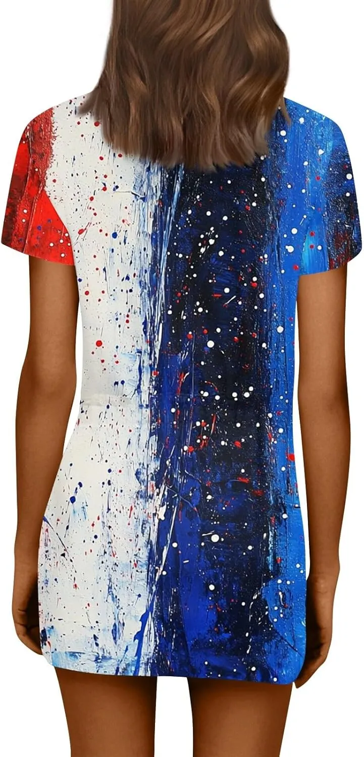 BAXLIMEK 4Th of July Dress Women,2025 Summer Trendy American Flag Mini Dress Casual V Neck Short Sleeve T Shirt Sundress