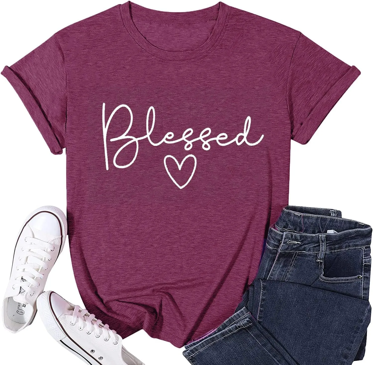 Blessed T-Shirt for Women Cute Heart Graphic Letter Print Sayings Shirts Casual Short Sleeve Thankful Tee Tops