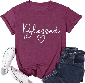 Blessed T-Shirt for Women Cute Heart Graphic Letter Print Sayings Shirts Casual Short Sleeve Thankful Tee Tops