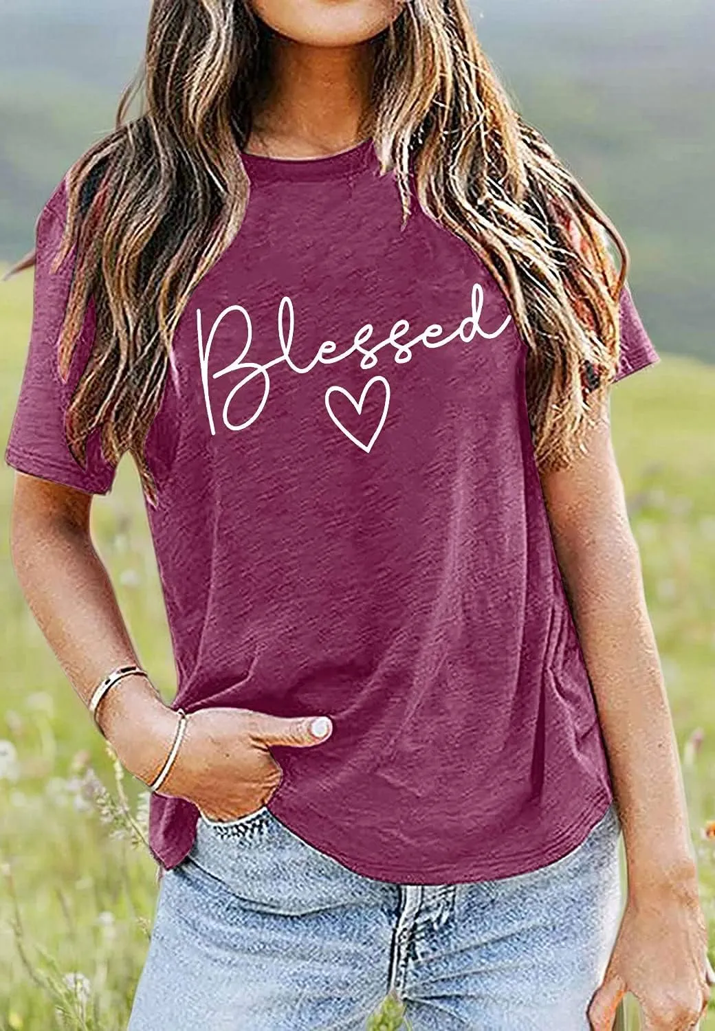 Blessed T-Shirt for Women Cute Heart Graphic Letter Print Sayings Shirts Casual Short Sleeve Thankful Tee Tops