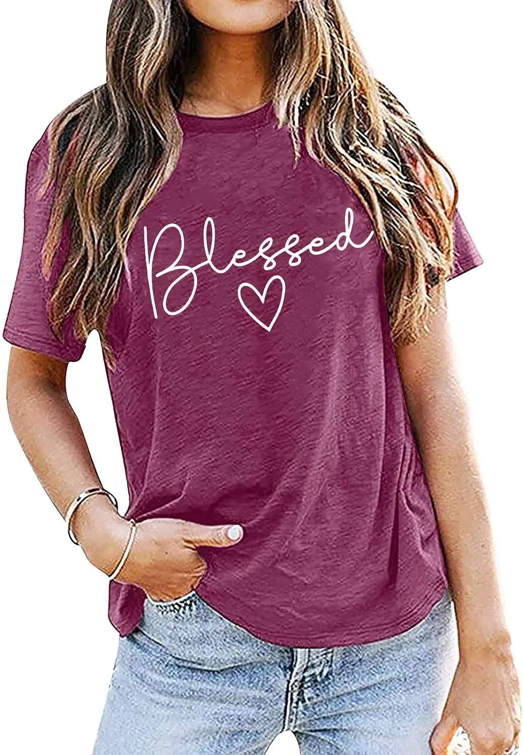 Blessed T-Shirt for Women Cute Heart Graphic Letter Print Sayings Shirts Casual Short Sleeve Thankful Tee Tops