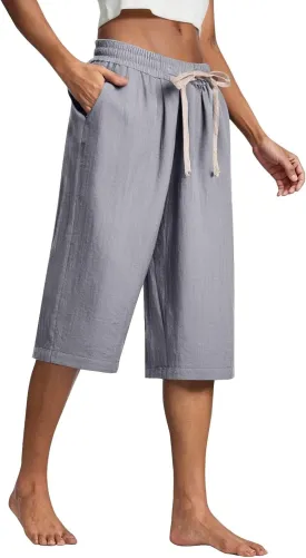 Capri Pants for Women Casual 2025 Summer Drawstring Elastic Cotton Linen Pant Straight Wide Leg Cropped Trouser