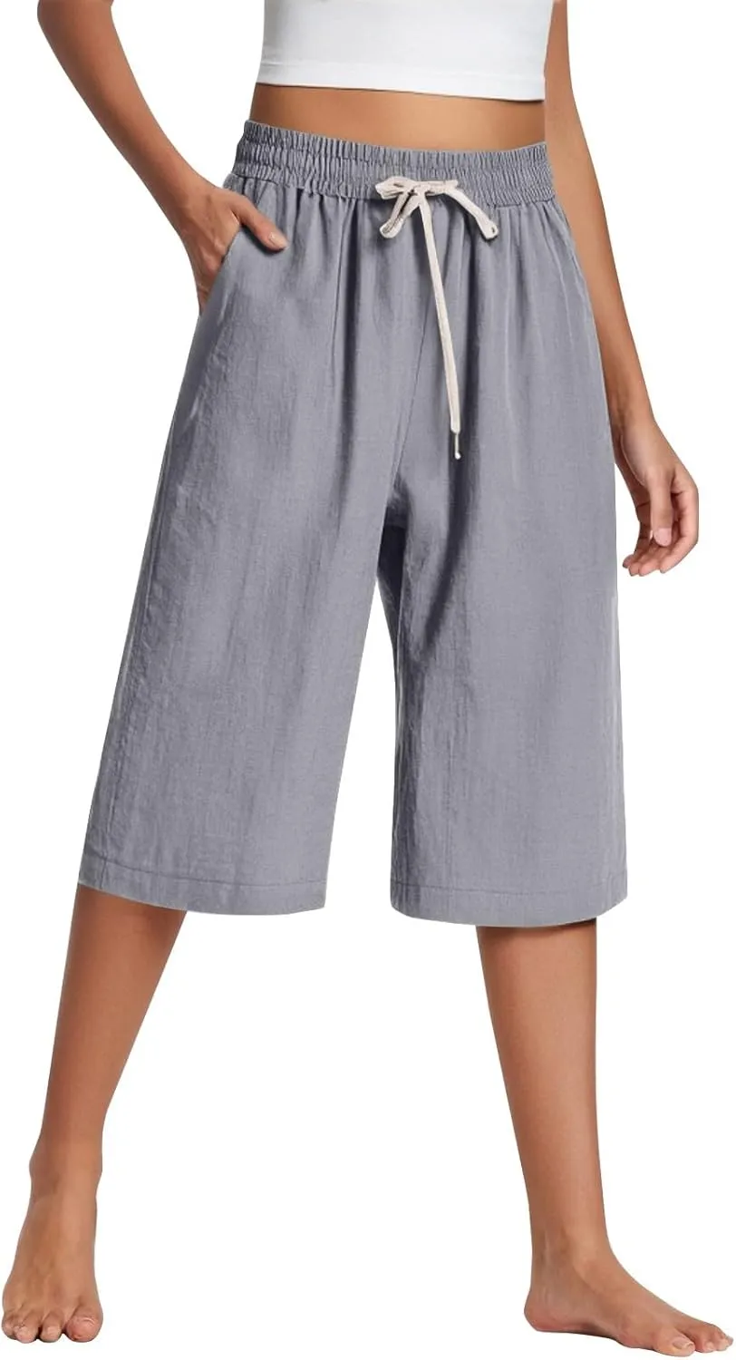 Capri Pants for Women Casual 2025 Summer Drawstring Elastic Cotton Linen Pant Straight Wide Leg Cropped Trouser