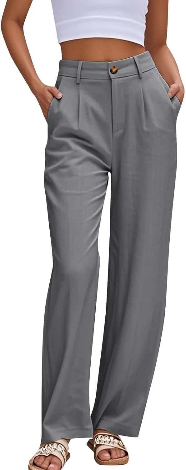 Casual Suit Pants for Women Button Stretch High Waisted Pant Dressy Baggy Solid Color Straight Leg Trousers for Work