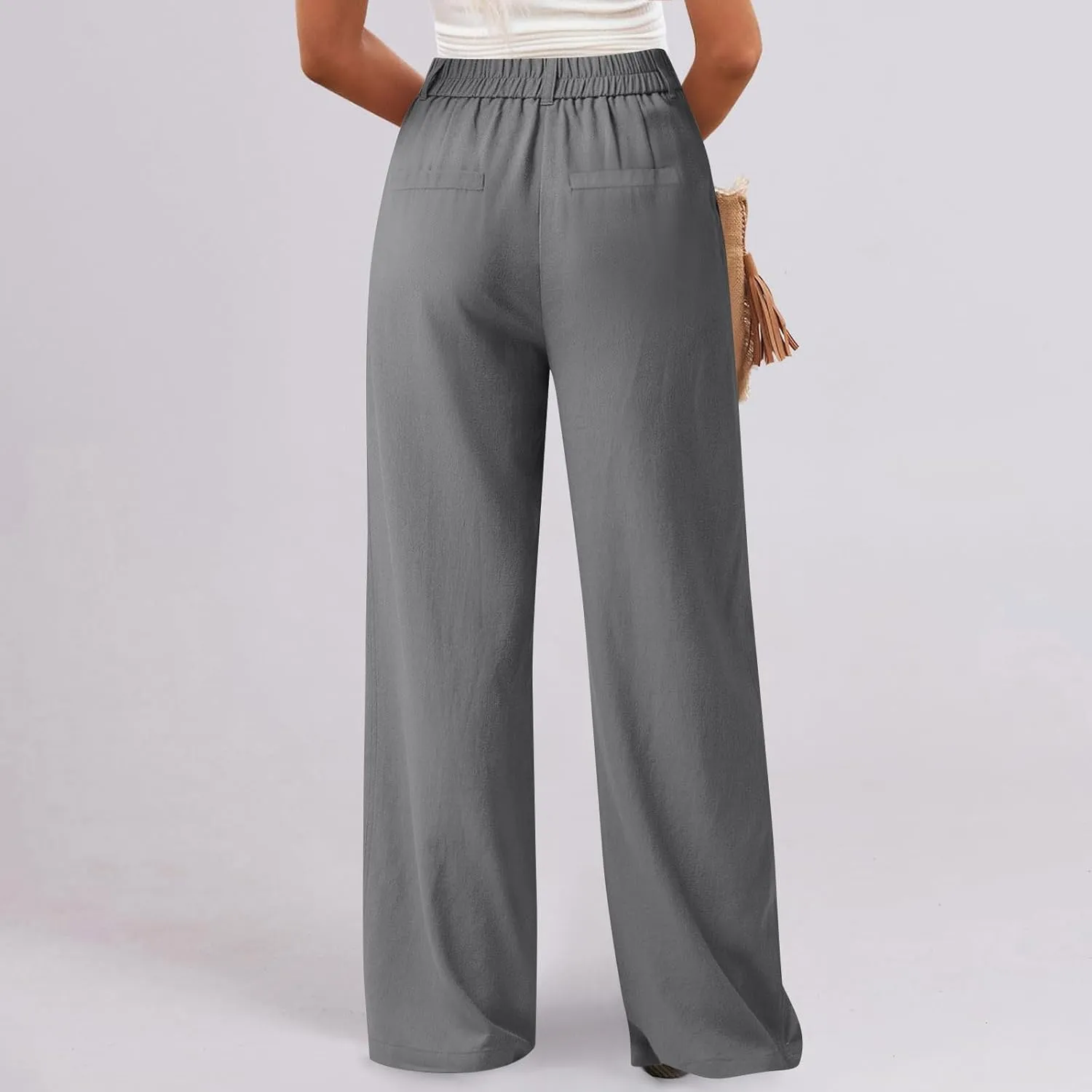 Casual Suit Pants for Women Button Stretch High Waisted Pant Dressy Baggy Solid Color Straight Leg Trousers for Work