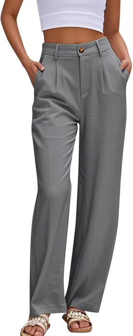 Casual Suit Pants for Women Button Stretch High Waisted Pant Dressy Baggy Solid Color Straight Leg Trousers for Work