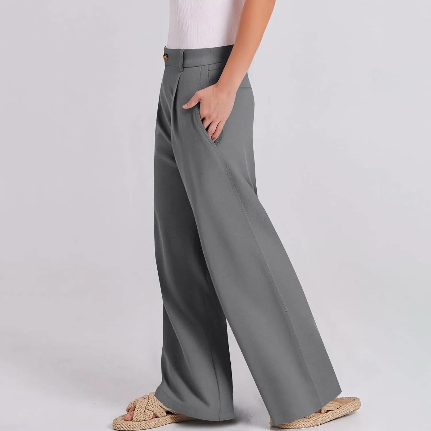 Casual Suit Pants for Women Button Stretch High Waisted Pant Dressy Baggy Solid Color Straight Leg Trousers for Work