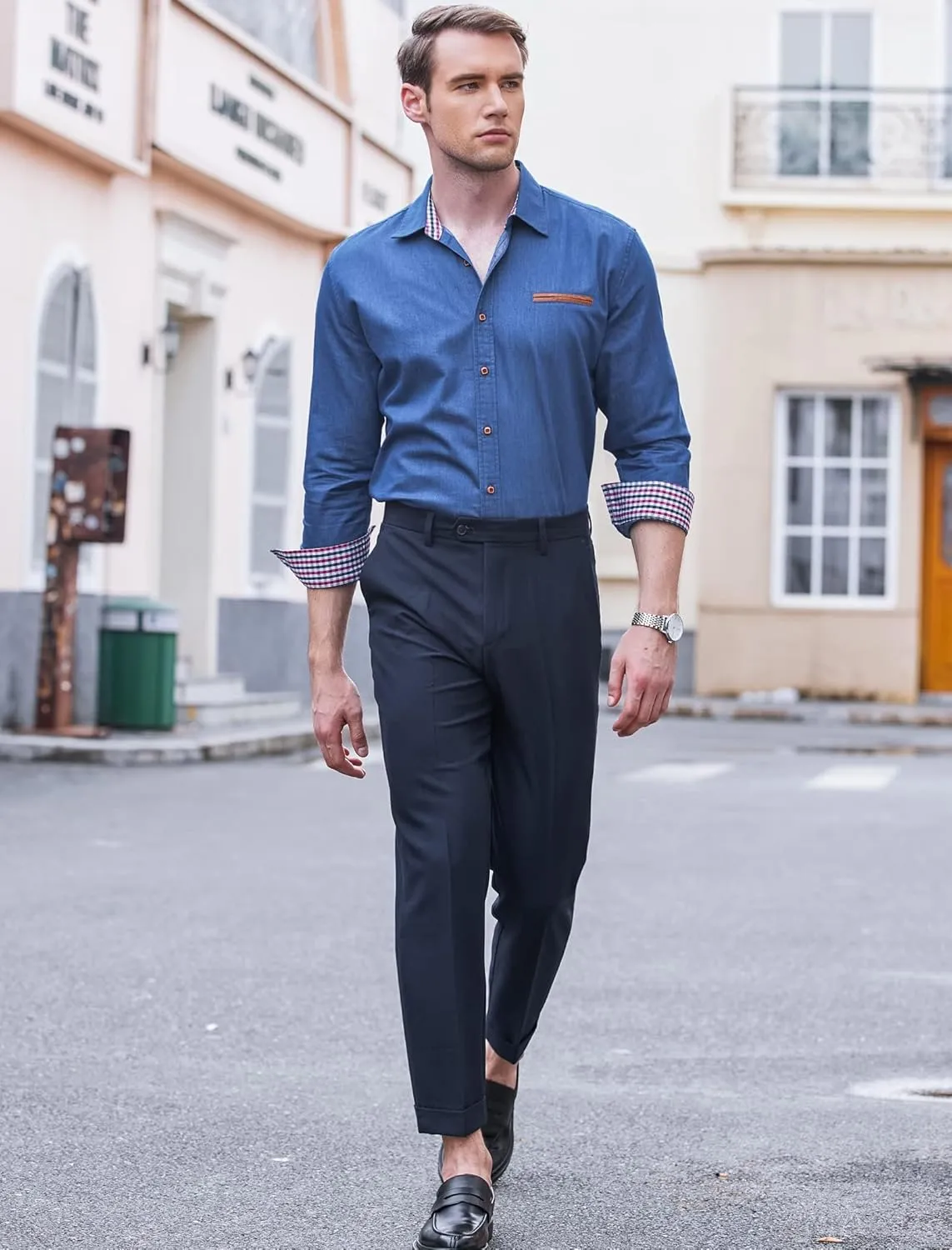 COOFANDY Men's Casual Dress Shirt Button Down Shirts Long-Sleeve Plaid Collar Denim Work Shirt