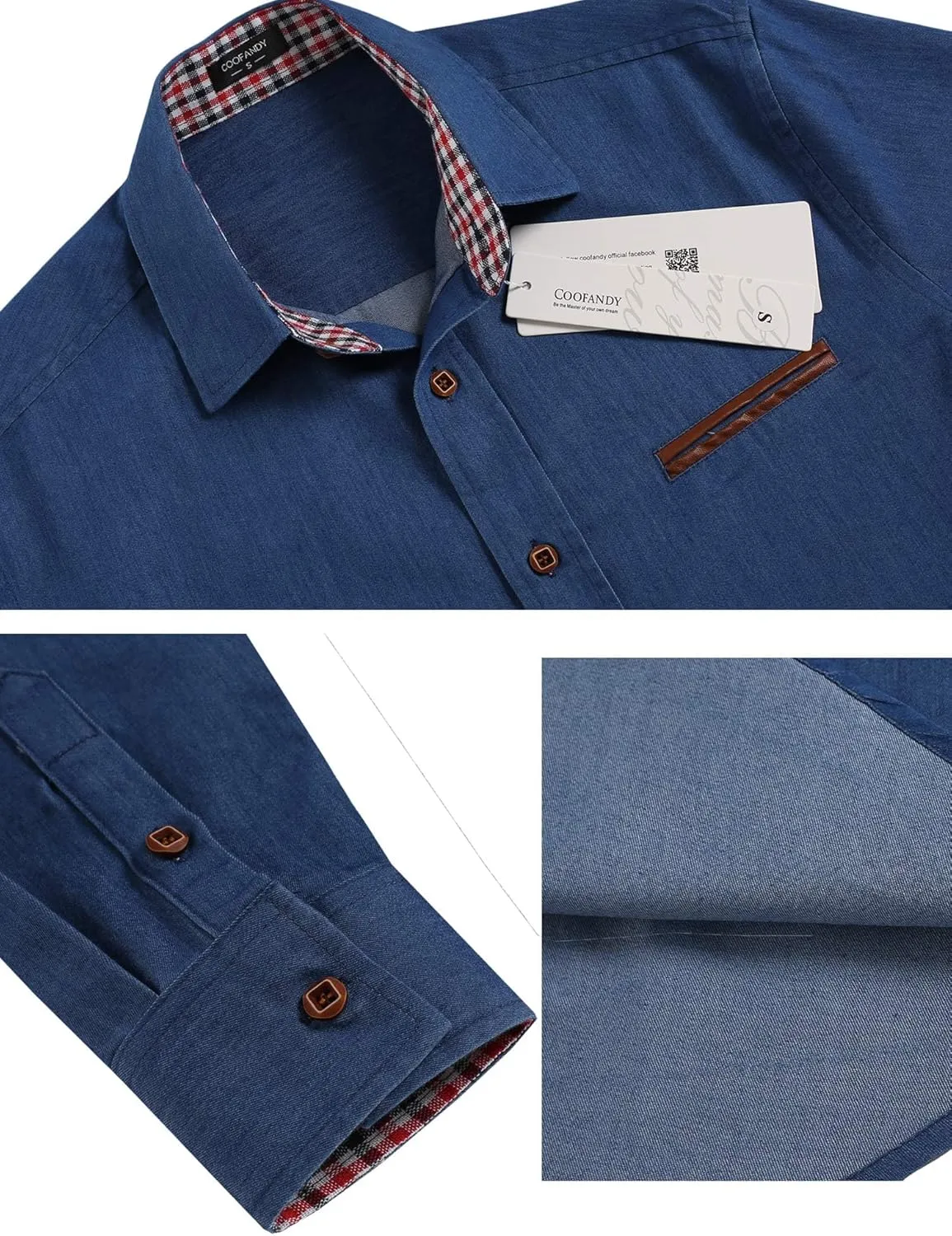 COOFANDY Men's Casual Dress Shirt Button Down Shirts Long-Sleeve Plaid Collar Denim Work Shirt