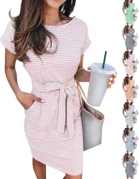 Cotton T Shirt Dresses for Women 2024 Cute Striped Summer Dress Tie Waist Casual Sun Dresses with Pockets