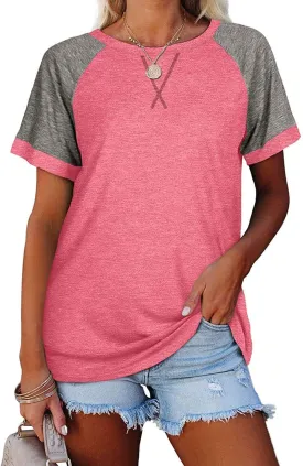 Esobo Women's Raglan Short Sleeve Crewneck T-Shirt Color Block Tunic Tshirt Casual Loose Blouses Tops