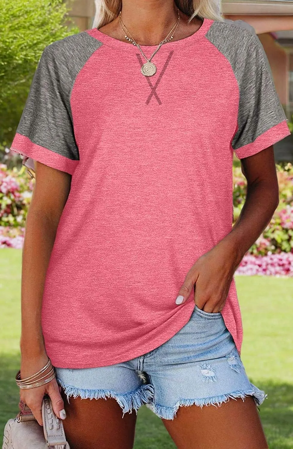 Esobo Women's Raglan Short Sleeve Crewneck T-Shirt Color Block Tunic Tshirt Casual Loose Blouses Tops