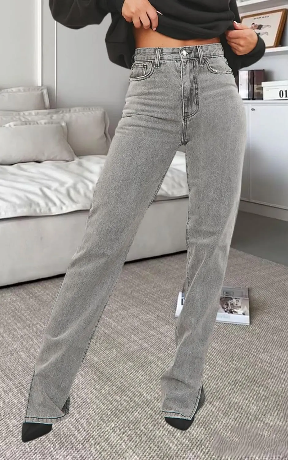 FairBeauty Women's Skinny Stretch Jeans Frayed Raw Hem Slim Fit Jeans Ripped Denim Pants