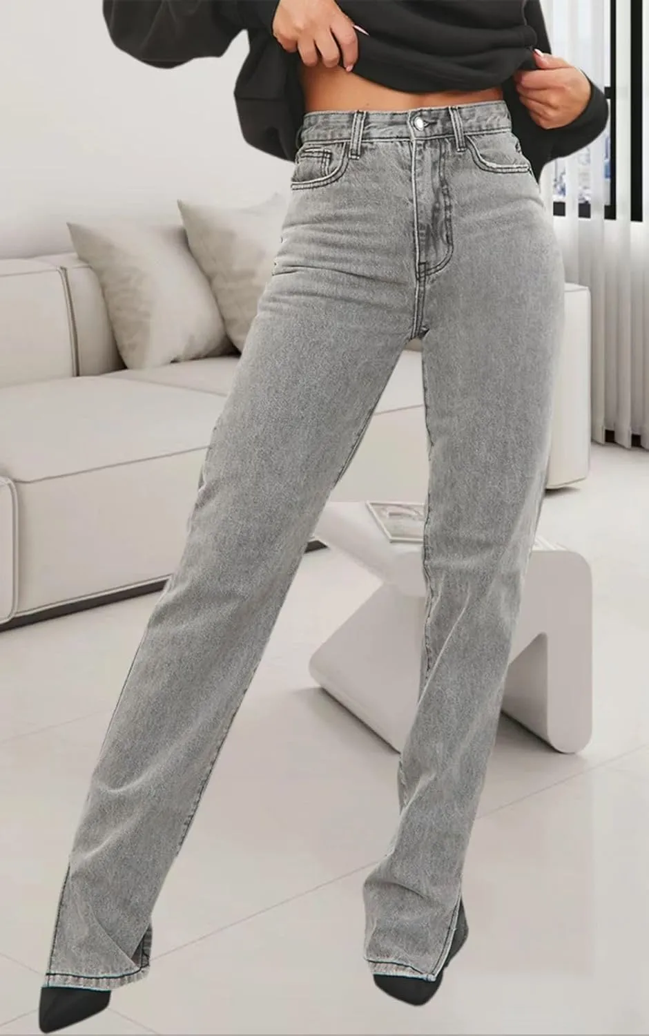 FairBeauty Women's Skinny Stretch Jeans Frayed Raw Hem Slim Fit Jeans Ripped Denim Pants