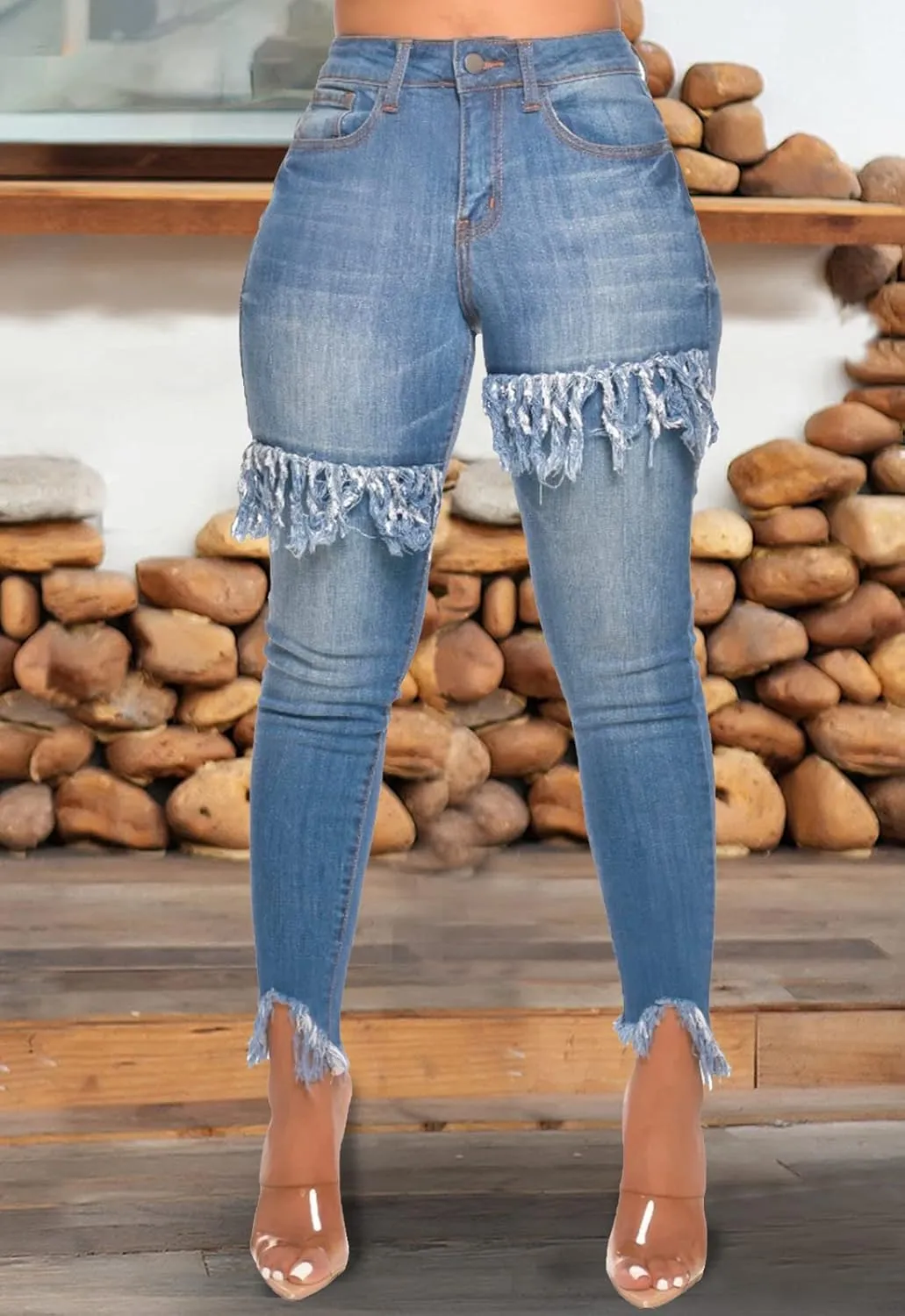 FairBeauty Women's Skinny Stretch Jeans Frayed Raw Hem Slim Fit Jeans Ripped Denim Pants