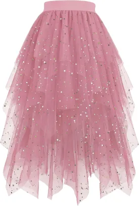 Hanpceirs Women's Tulle Skirts High Low Layered A-line Midi Skirt Irregular Tutu for Women