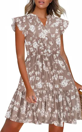 HOTOUCH Women Printed Dress for Summer Short Ruffle Sleeve Dress Tiered Mini Dress with Pockets