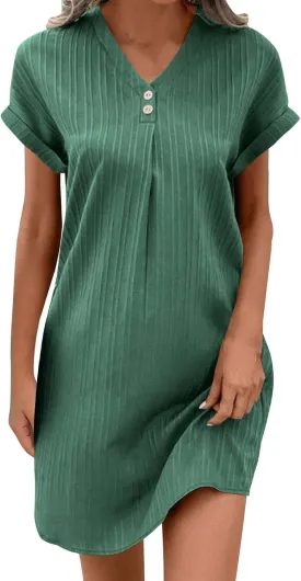Linen Cotton Dress for Women Button V Neck Midi Dress Short Sleeve Dressy Casual Loose Fit Work T Shirt Dresses
