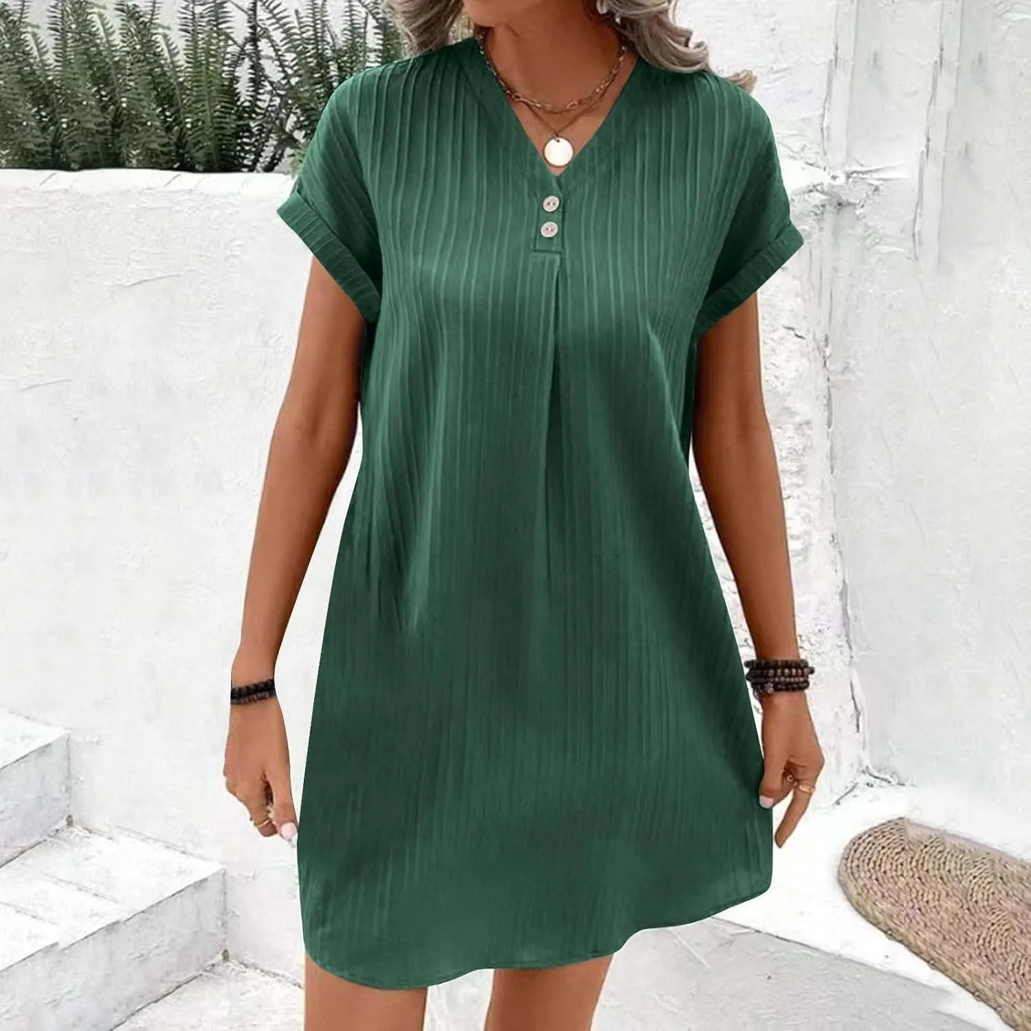 Linen Cotton Dress for Women Button V Neck Midi Dress Short Sleeve Dressy Casual Loose Fit Work T Shirt Dresses
