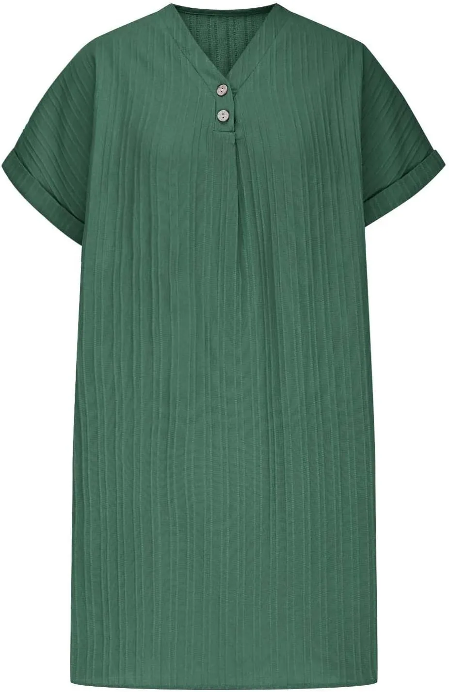 Linen Cotton Dress for Women Button V Neck Midi Dress Short Sleeve Dressy Casual Loose Fit Work T Shirt Dresses