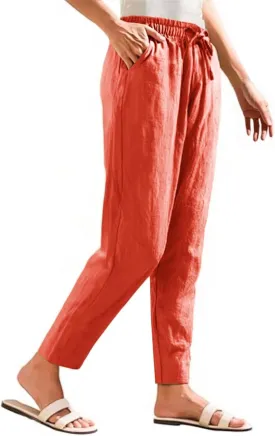 Linen Pants Women Cropped Lightweight Summer Drawstring Pant Petite Length Straight Leg Tapered Pants with Pockets