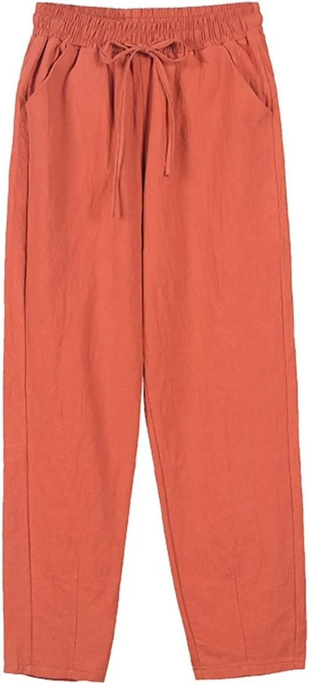 Linen Pants Women Cropped Lightweight Summer Drawstring Pant Petite Length Straight Leg Tapered Pants with Pockets