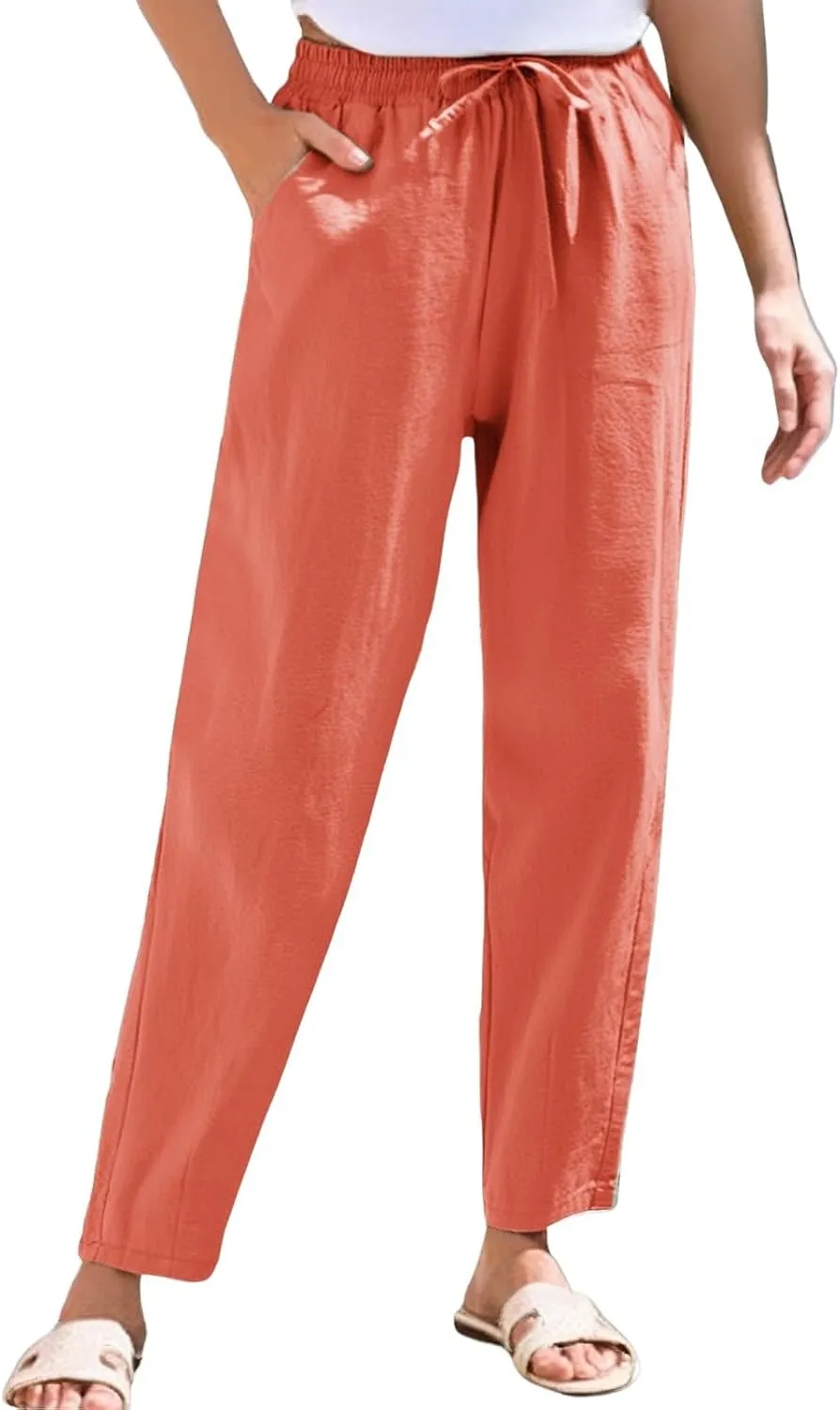 Linen Pants Women Cropped Lightweight Summer Drawstring Pant Petite Length Straight Leg Tapered Pants with Pockets