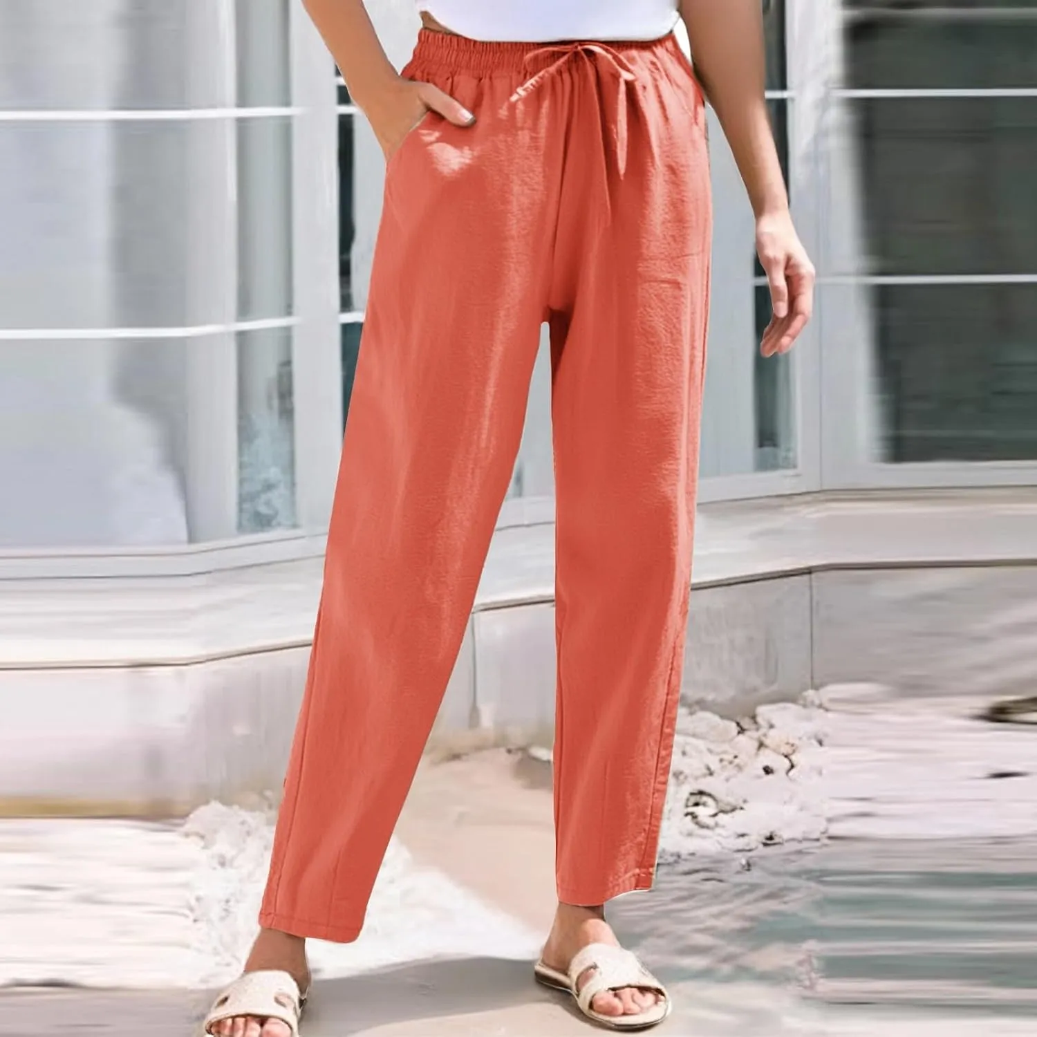 Linen Pants Women Cropped Lightweight Summer Drawstring Pant Petite Length Straight Leg Tapered Pants with Pockets