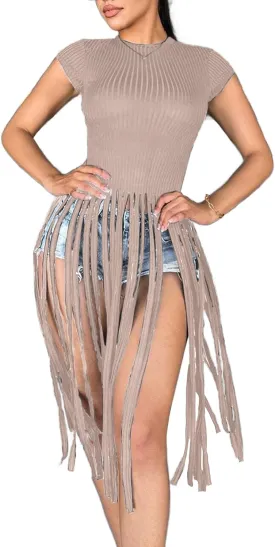 LovelyWholesale Women Sexy Cap Sleeve Fringe Tops Ribbed Knit Short Sleeve T Shirt