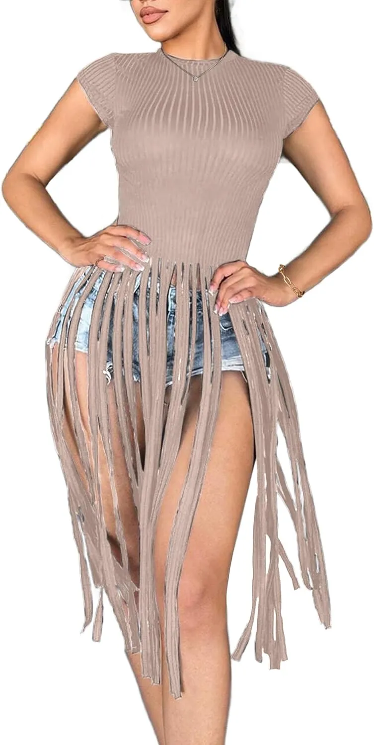 LovelyWholesale Women Sexy Cap Sleeve Fringe Tops Ribbed Knit Short Sleeve T Shirt