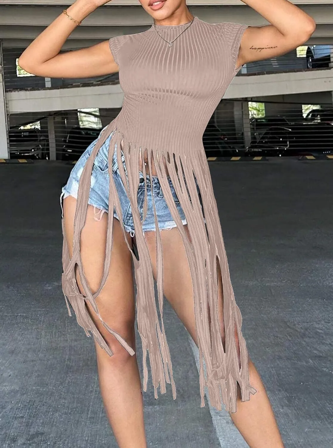 LovelyWholesale Women Sexy Cap Sleeve Fringe Tops Ribbed Knit Short Sleeve T Shirt