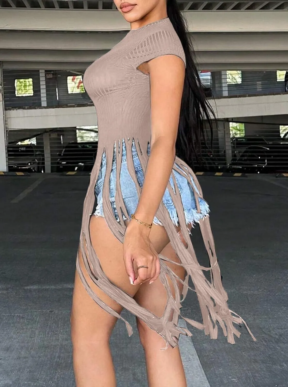 LovelyWholesale Women Sexy Cap Sleeve Fringe Tops Ribbed Knit Short Sleeve T Shirt