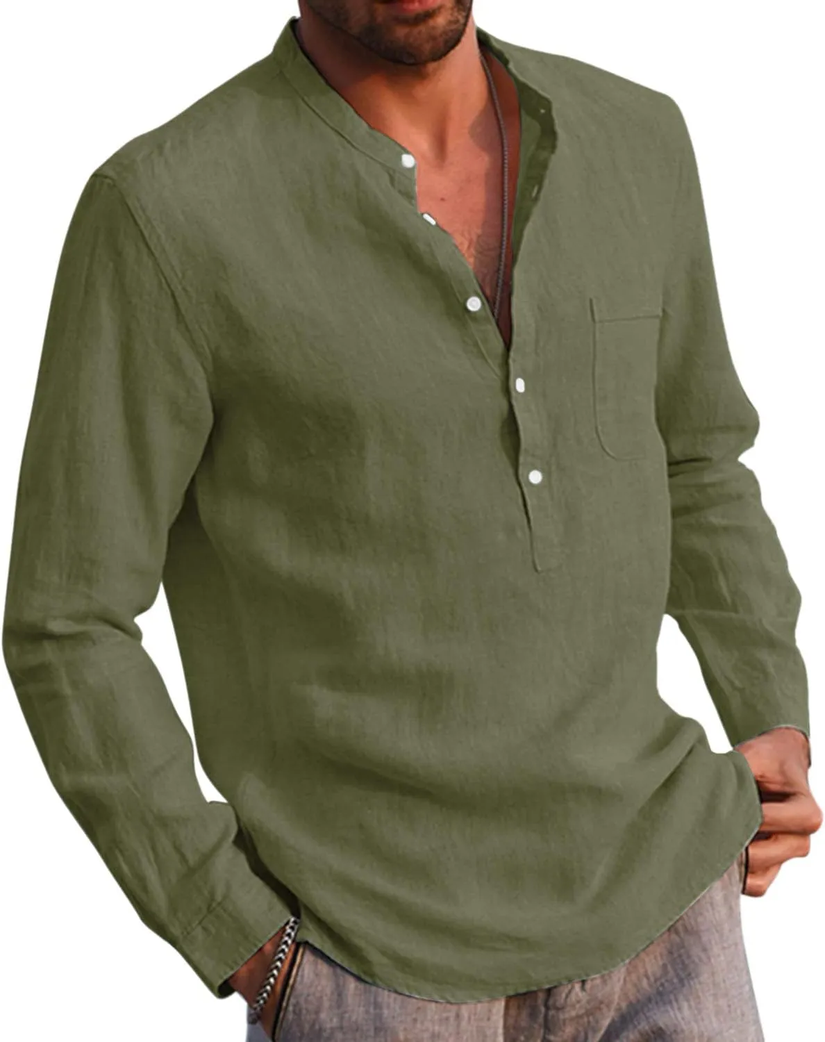 Mens Cotton Linen Shirt Casual Long Sleeve Henley Shirt Solid Tops
