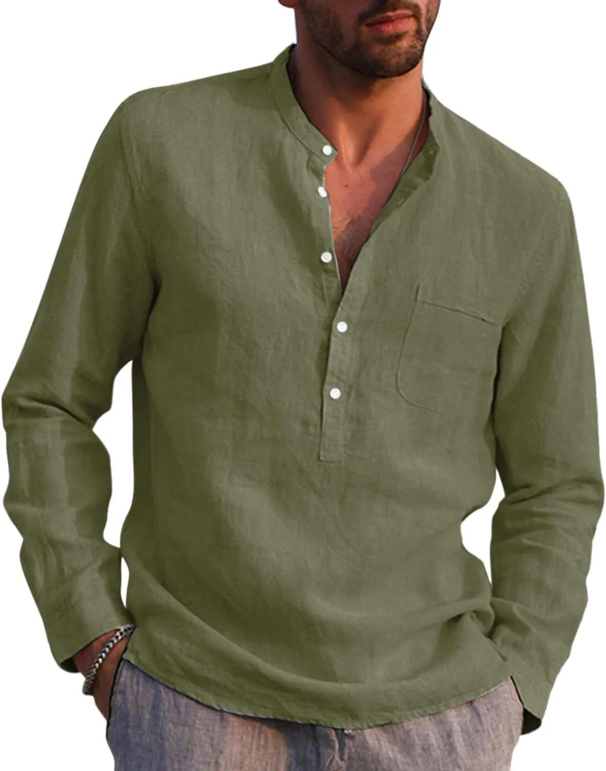 Mens Cotton Linen Shirt Casual Long Sleeve Henley Shirt Solid Tops