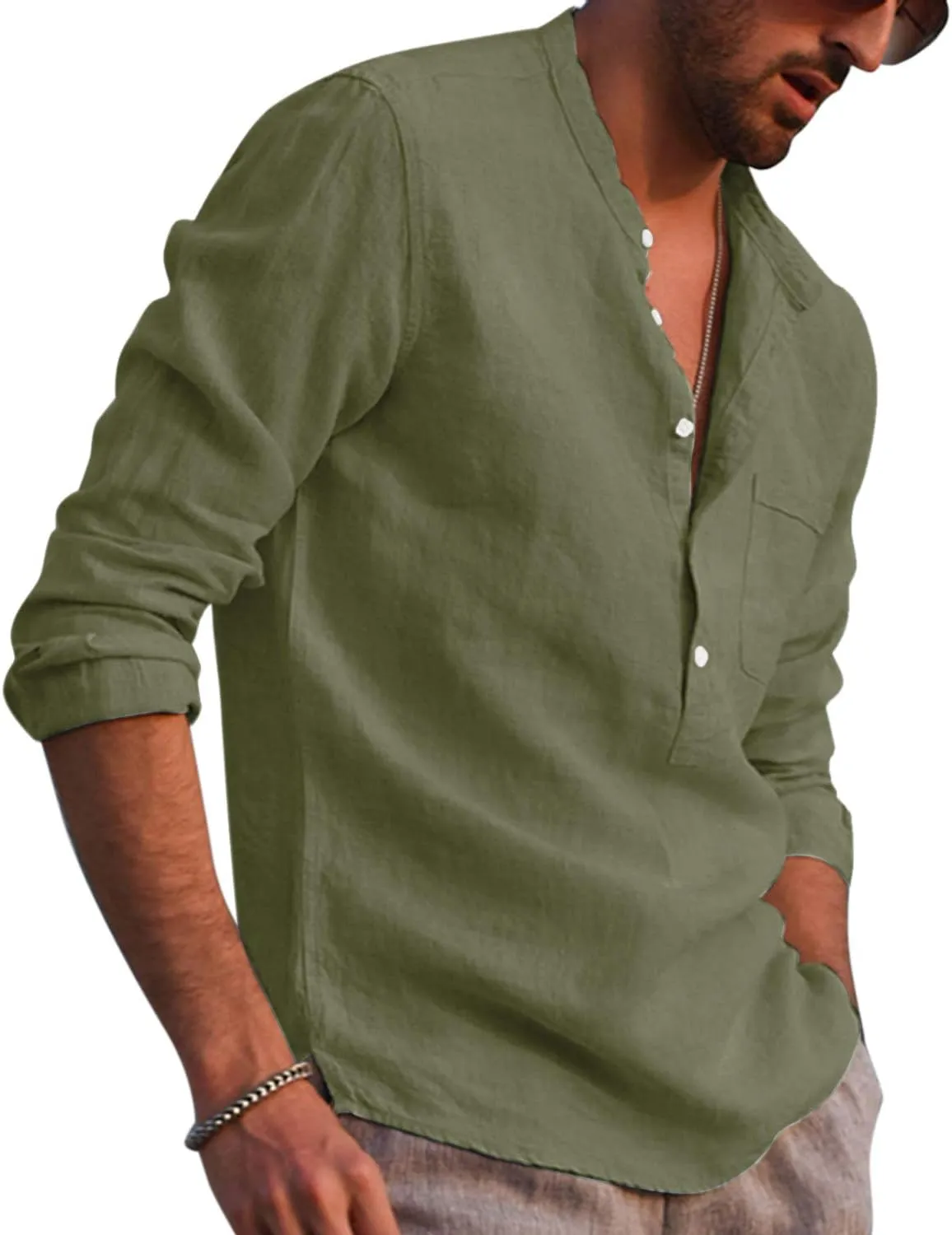 Mens Cotton Linen Shirt Casual Long Sleeve Henley Shirt Solid Tops