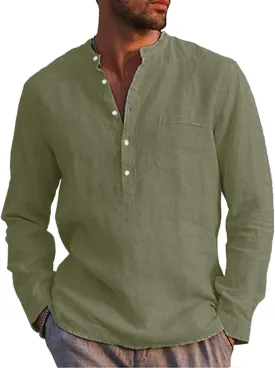 Mens Cotton Linen Shirt Casual Long Sleeve Henley Shirt Solid Tops