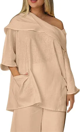 Off The Shoulder Linen Tops for Women Long Sleeve Vintage Oversized Tshirts Summer Casual Tops Blouses Beach Cover Up