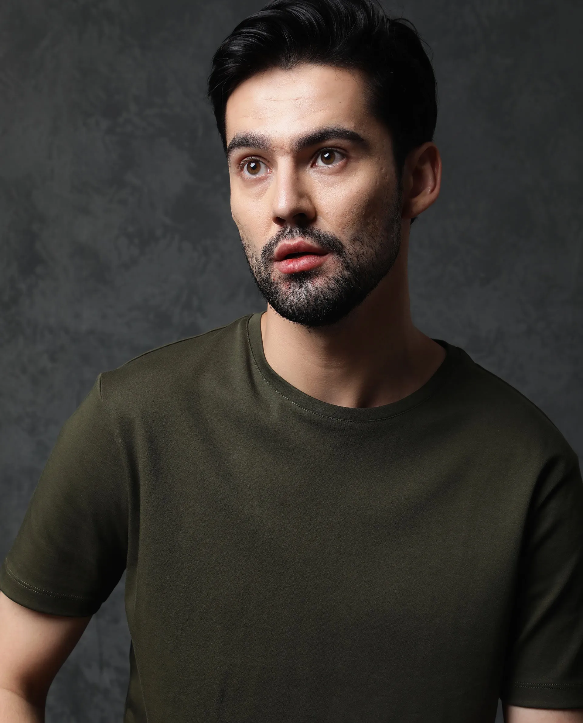 Rare Rabbit Men's Gis Olive Cotton Fabric Crew Neck Half Sleeves Regular Fit Solid T-Shirt