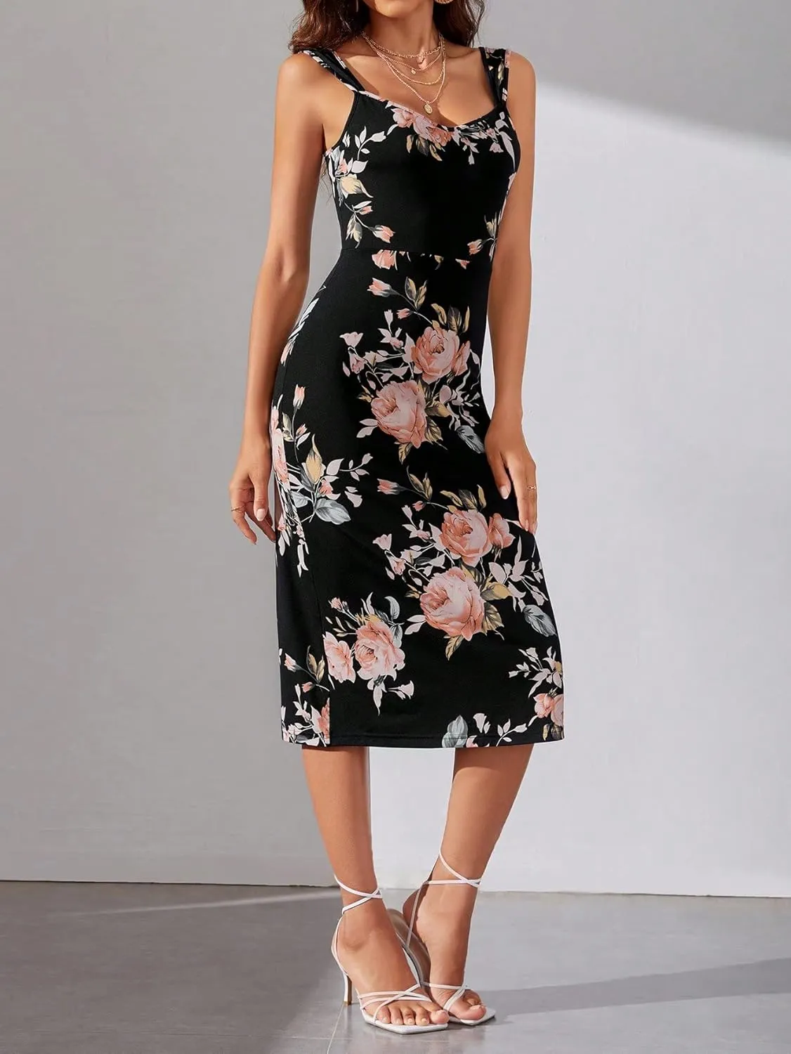 SweatyRocks Women's Floral Print Split Bodycon Dress Cami Midi Dress