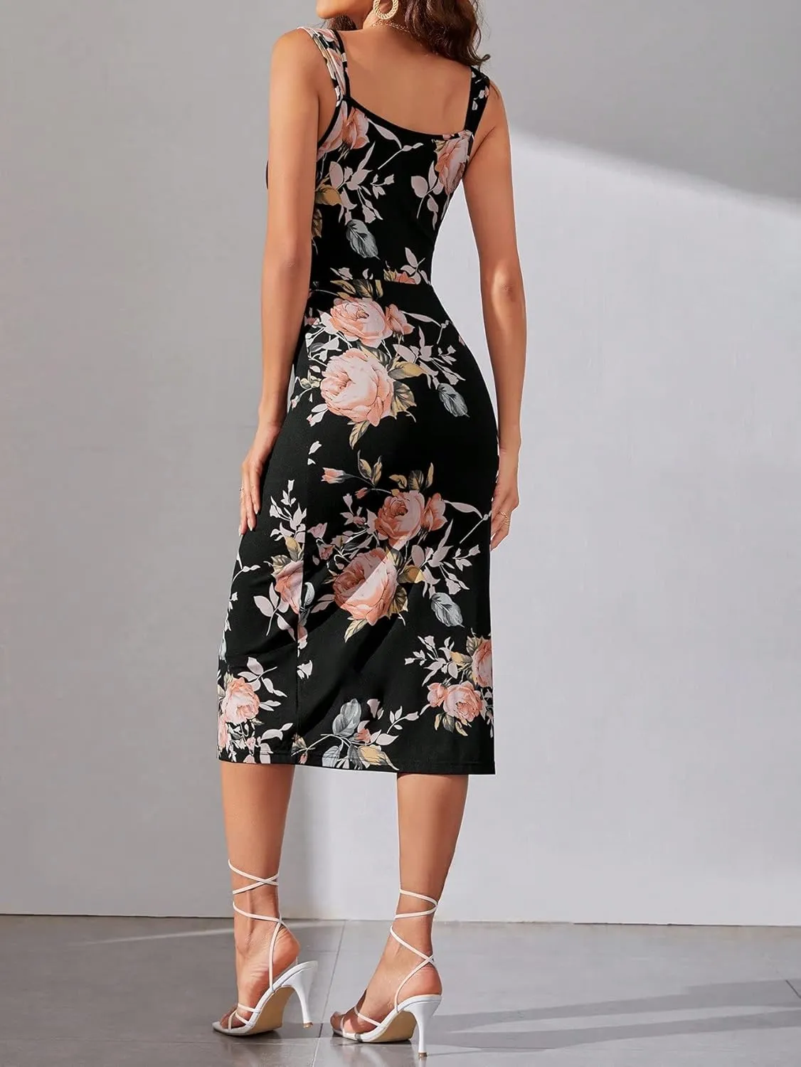 SweatyRocks Women's Floral Print Split Bodycon Dress Cami Midi Dress