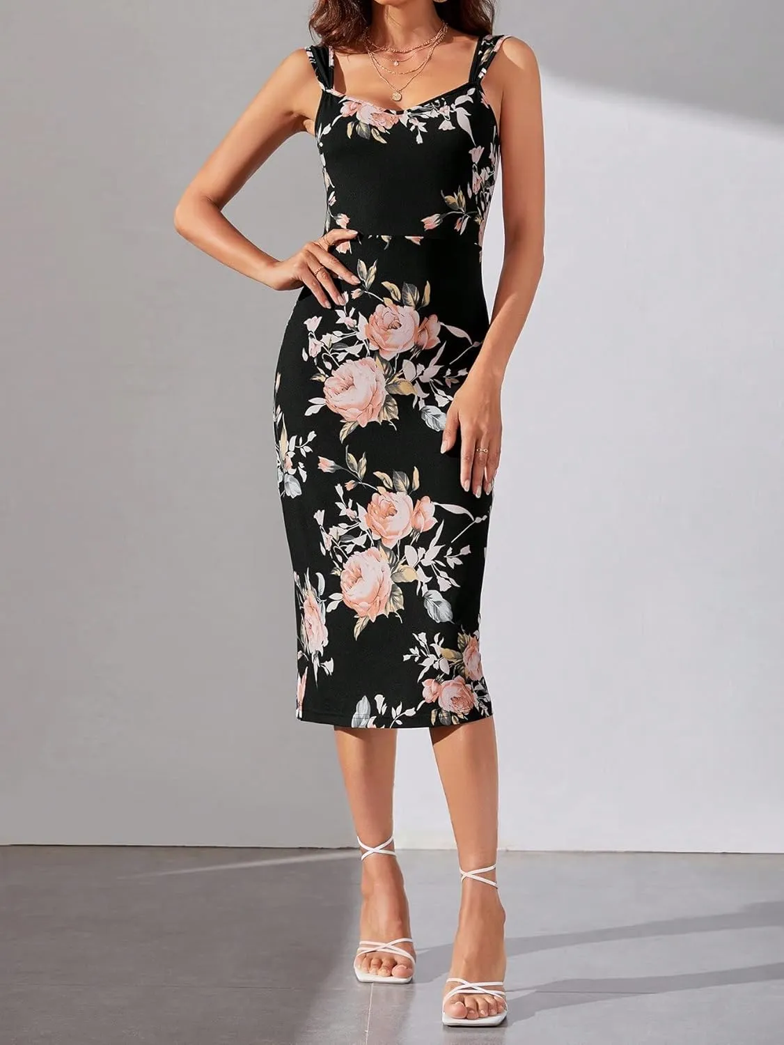 SweatyRocks Women's Floral Print Split Bodycon Dress Cami Midi Dress