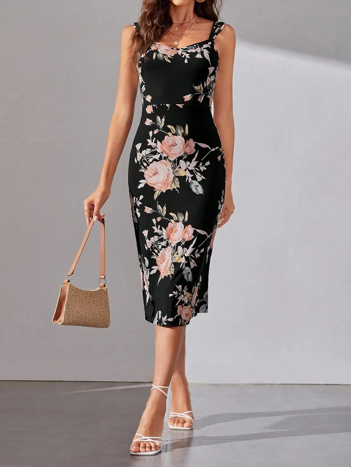 SweatyRocks Women's Floral Print Split Bodycon Dress Cami Midi Dress