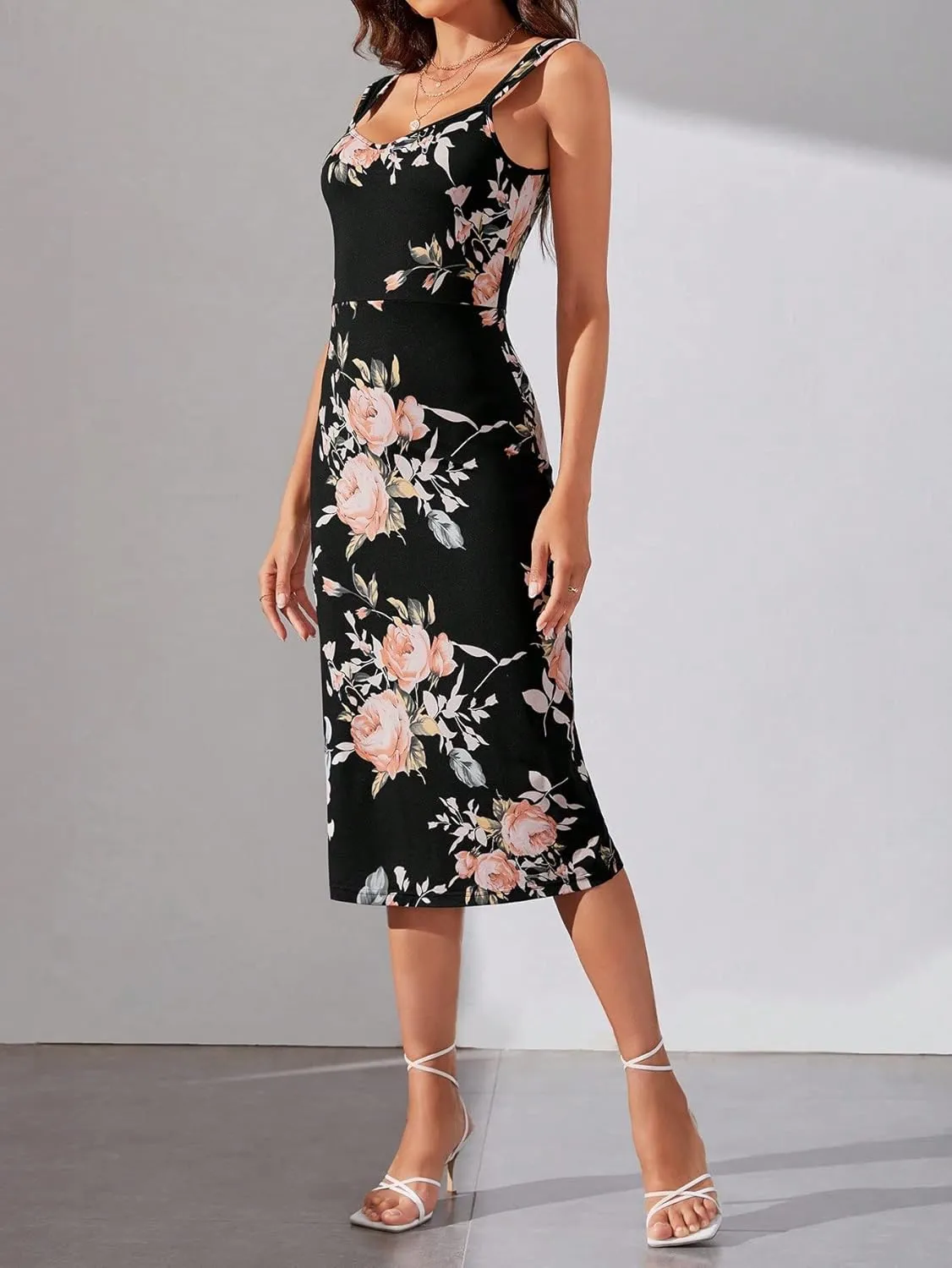 SweatyRocks Women's Floral Print Split Bodycon Dress Cami Midi Dress
