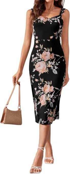 SweatyRocks Women's Floral Print Split Bodycon Dress Cami Midi Dress