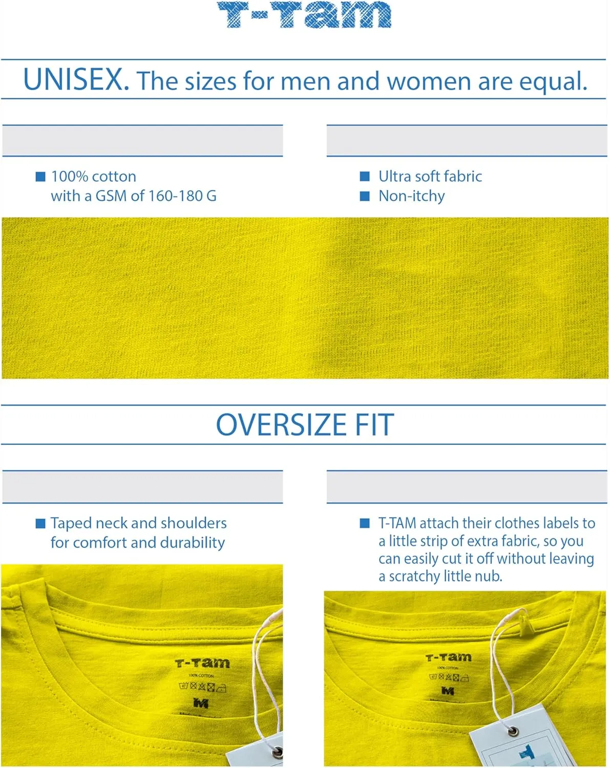 T-TAM Unisex Oversized T-Shirt for Women & Men - 100% Soft Cotton Crew Neck Short Sleeve - Basic Tee Shirt