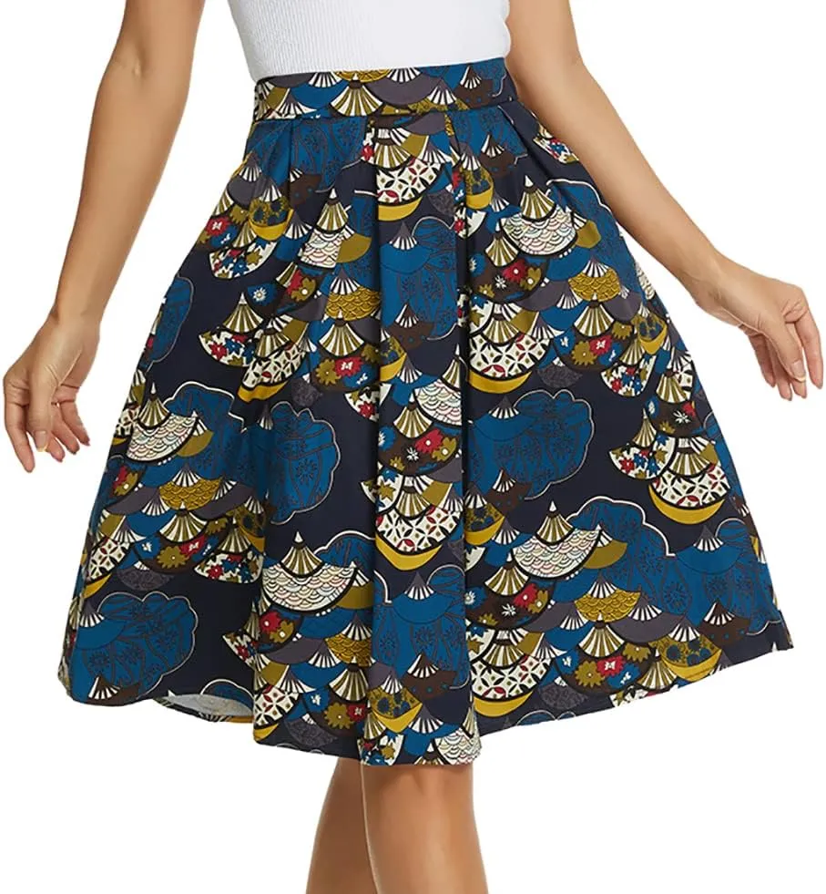 Tandisk Women's Vintage A-line Printed Pleated Flared Midi Skirt with Pockets