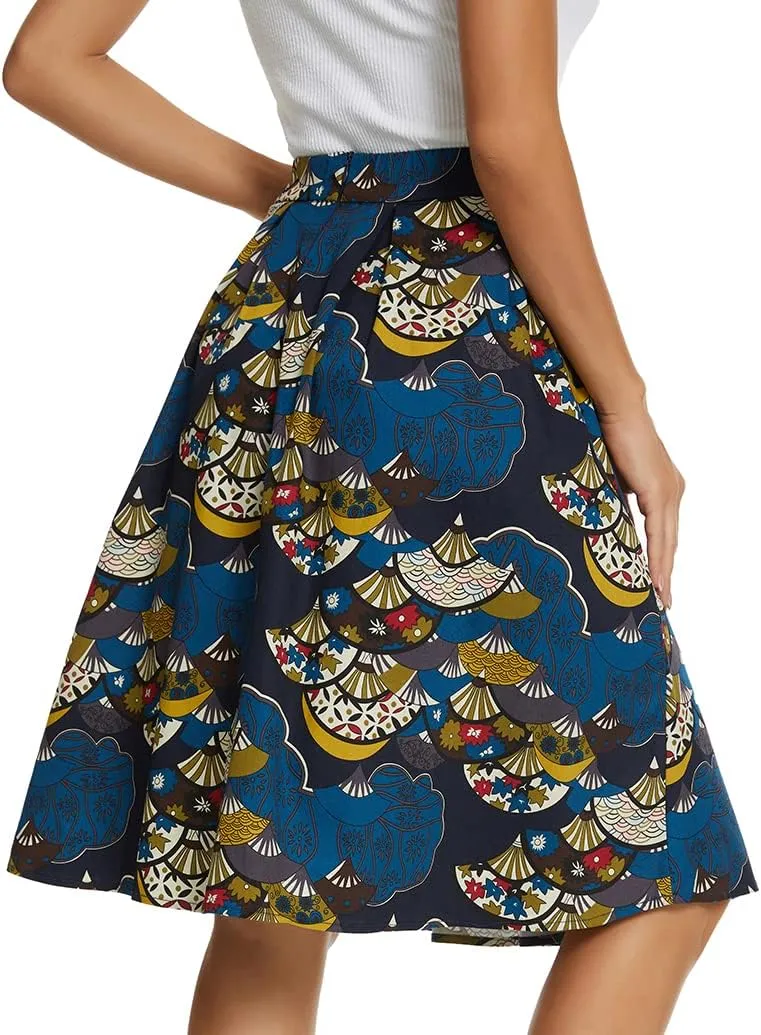 Tandisk Women's Vintage A-line Printed Pleated Flared Midi Skirt with Pockets